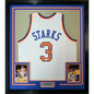 Framed Autographed/Signed John Starks 35x39 New York White Basketball Jersey JSA COA