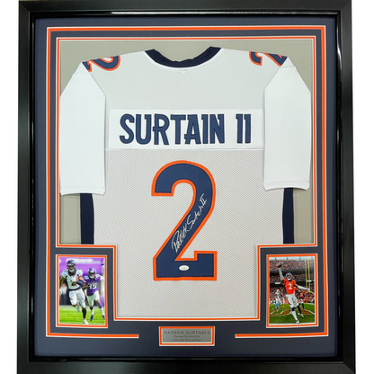 Framed Autographed/Signed Patrick Surtain II 35x39 Denver White Football Jersey JSA COA
