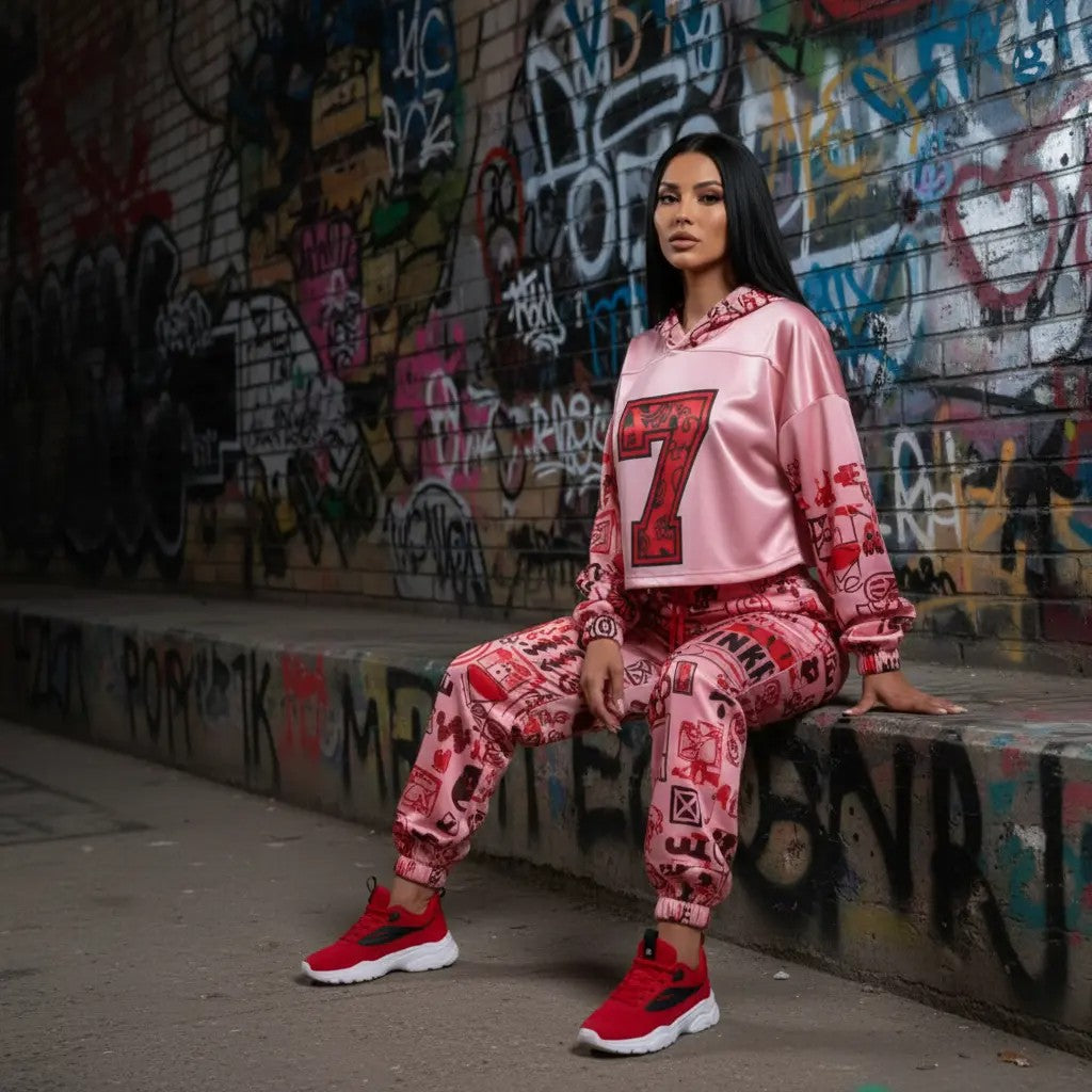 Pink graffiti scribbles on Women's Long Sleeve Fleece Hoodie JACKET ONLY new create by Designs By Kiekie