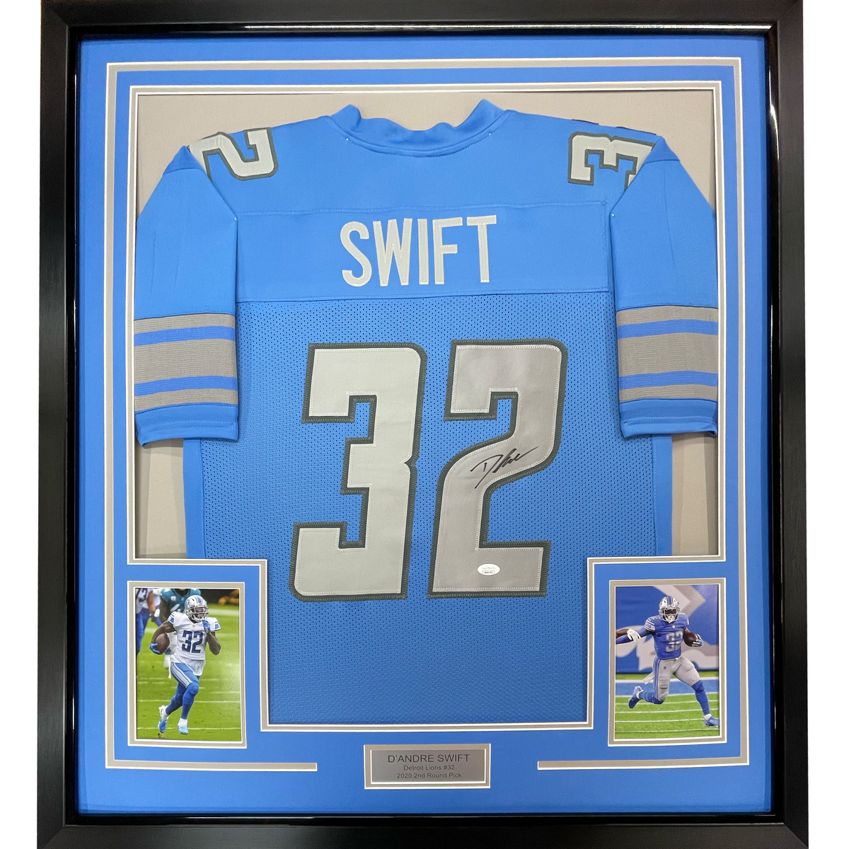 Framed Autographed/Signed D'Andre Swift 35x39 Detroit Blue Football Jersey JSA COA