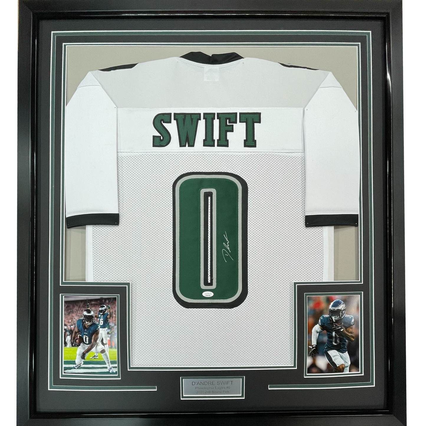 Framed Autographed/Signed D'Andre Swift 35x39 Philadelphia White Football Jersey JSA COA
