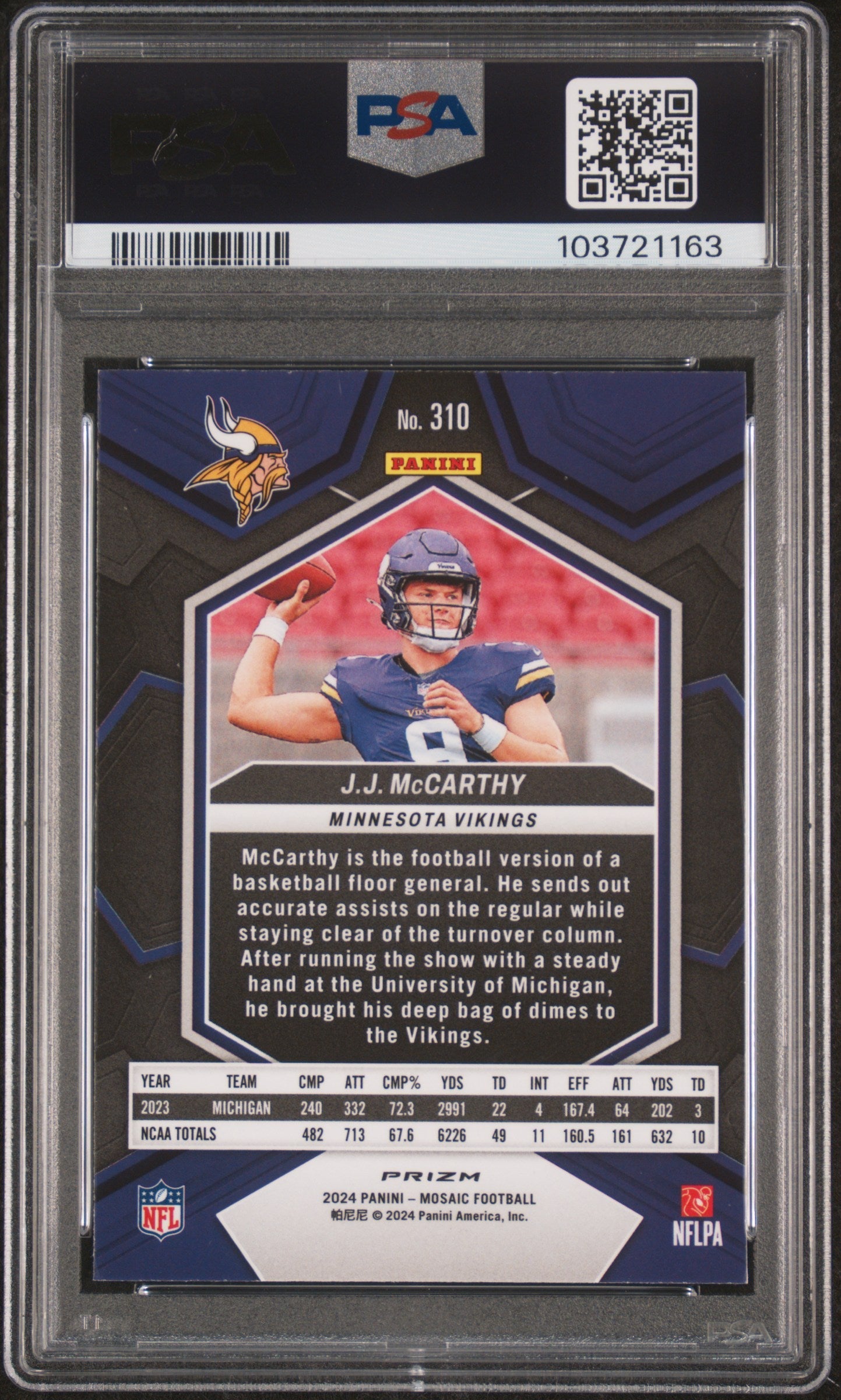 Graded 2024 Panini Mosaic JJ McCarthy #310 Green Rookie RC Football Card PSA 9 Mint