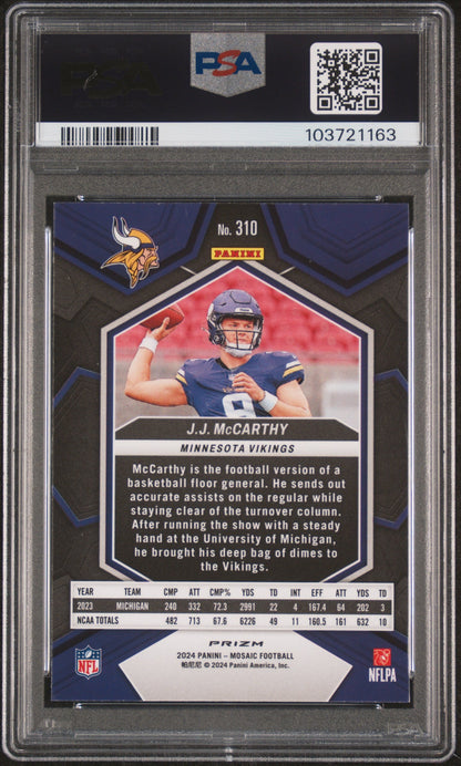 Graded 2024 Panini Mosaic JJ McCarthy #310 Green Rookie RC Football Card PSA 9 Mint