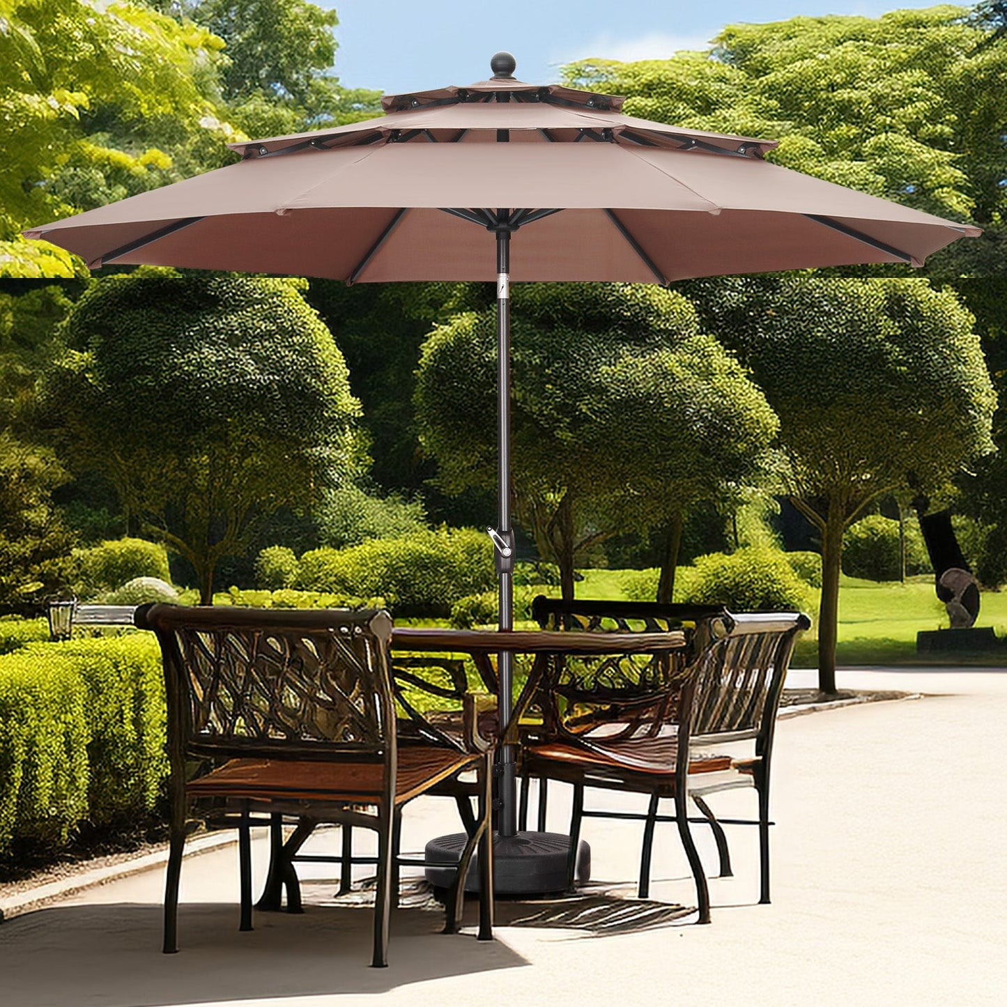 Ainfox 10FT 3 tier vented Outdoor Table Umbrella with Round Umbrella Base For Beach Market Backyard