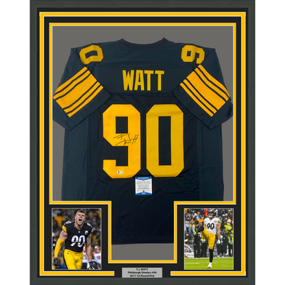 Framed Autographed/Signed TJ T.J. Watt 35x39 Pittsburgh Color Rush Football Jersey Beckett BAS COA