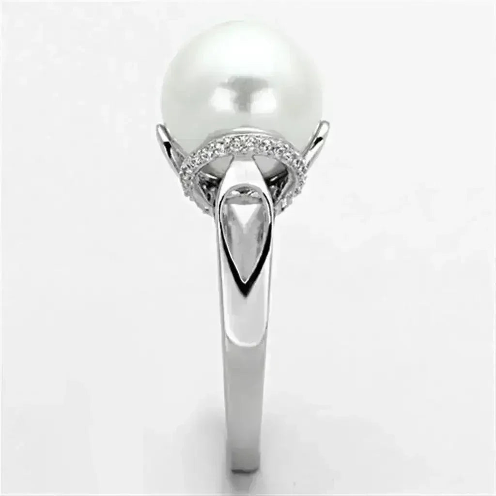 TS154 - Rhodium 925 Sterling Silver Ring with Synthetic Pearl in White