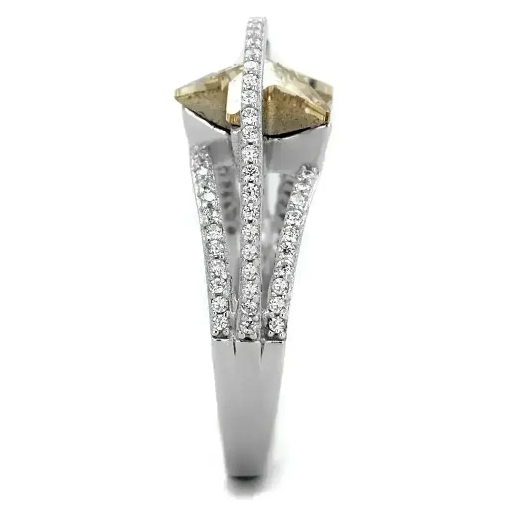 TS315 Rhodium Sterling Silver Ring – Citrine Yellow Crystal Statement Piece
