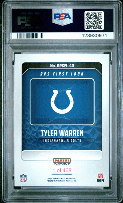 Graded 2025 Panini Instant Tyler Warren #RPSFL40 RPS First Look Rookie RC Football Card PSA 8 Near Mint