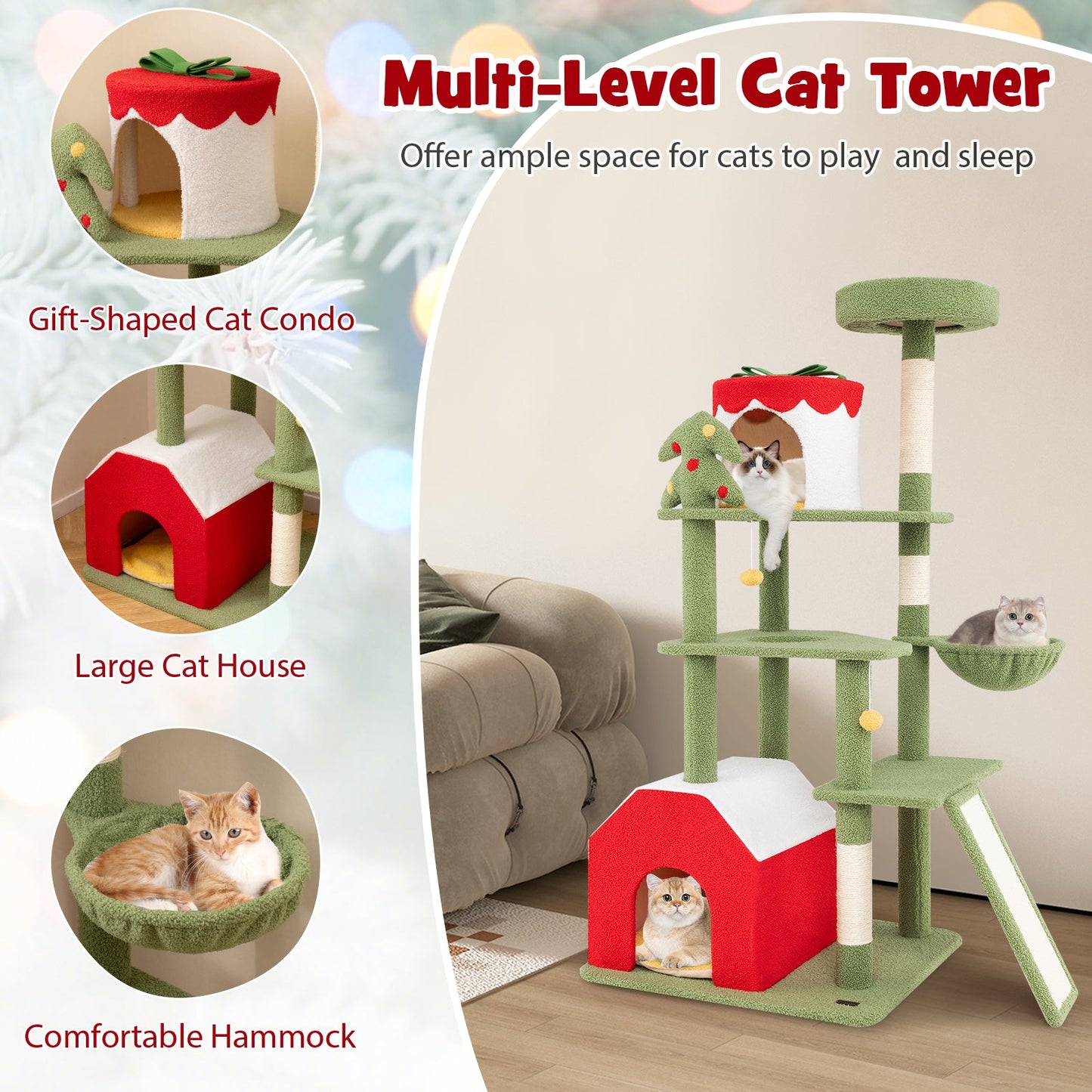 61 Inches Cute Christmas Cat Tree with Sisal Scratching Posts and 2 Condos-Green