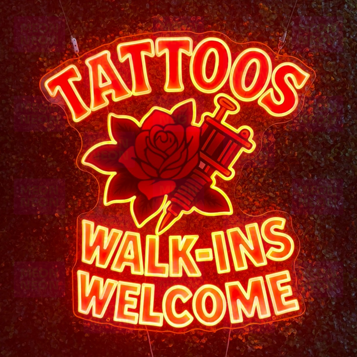 Tattoos Walk-Ins Welcome LED Neon Sign - Traditional Tattoo Style - Rose and Machine Design - Red and Yellow