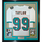Framed Autographed/Signed Jason Taylor 35x39 Miami White Football Jersey Beckett BAS COA
