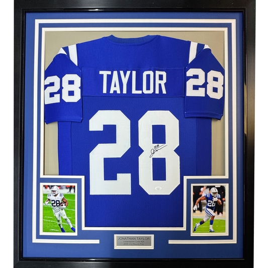 Framed Autographed/Signed Jonathan Taylor 35x39 Indianapolis Blue Football Jersey JSA COA