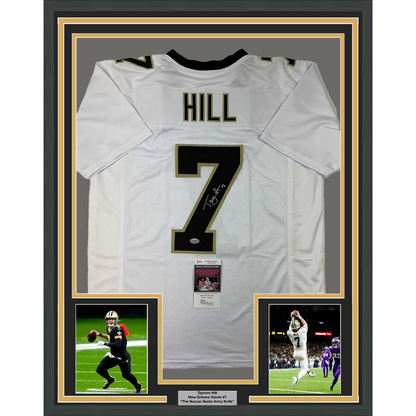 Framed Autographed/Signed Taysom Hill 35x39 New Orleans White Football Jersey JSA COA