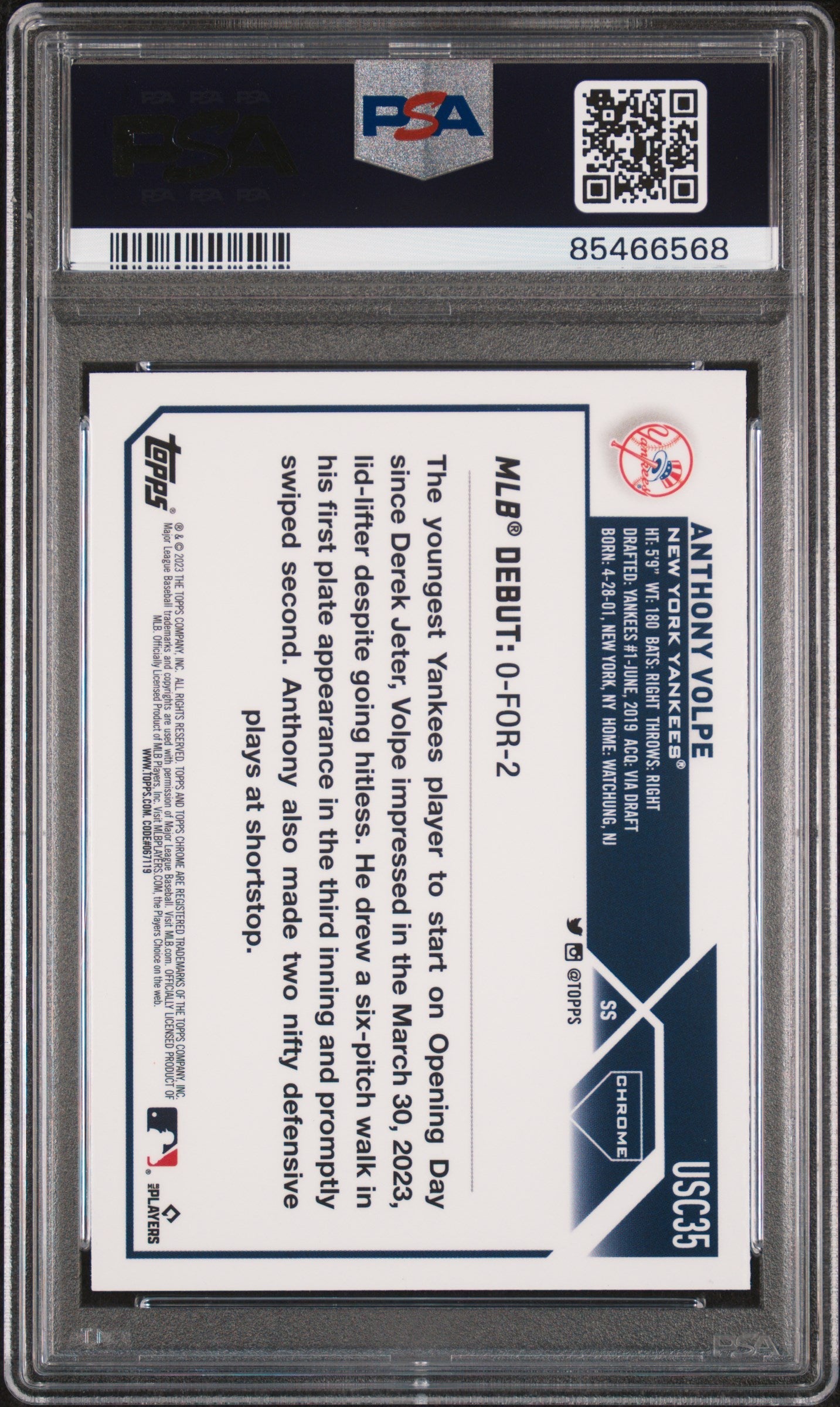 Graded 2023 Topps Chrome Update Anthony Volpe #USC35 Prism Rookie RC Baseball Card PSA 10 Gem Mint
