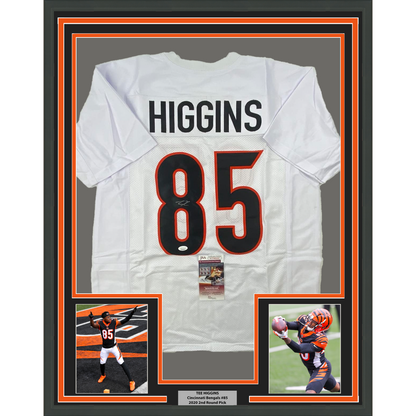 Framed Autographed/Signed Tee Higgins 35x39 Cincinnati White Football Jersey JSA COA