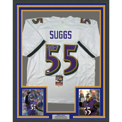 Framed Autographed/Signed Terrell Suggs 35x39 Baltimore White Football Jersey JSA COA