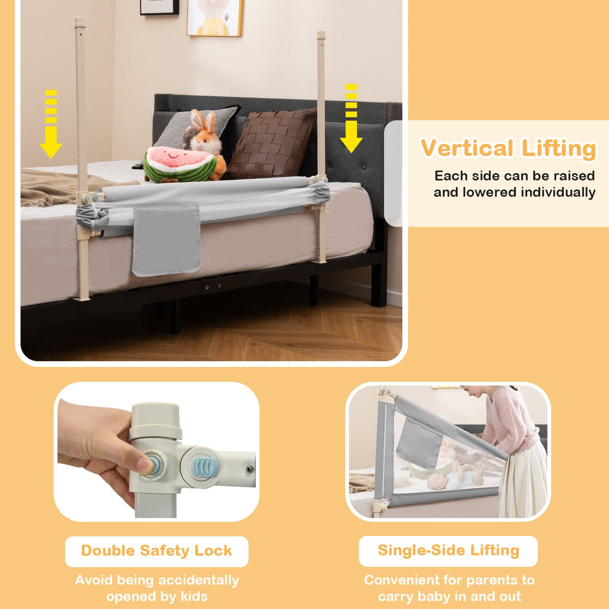 Toddler Bedrail with Side Pocket and 24 Adjustable Heights-Gray