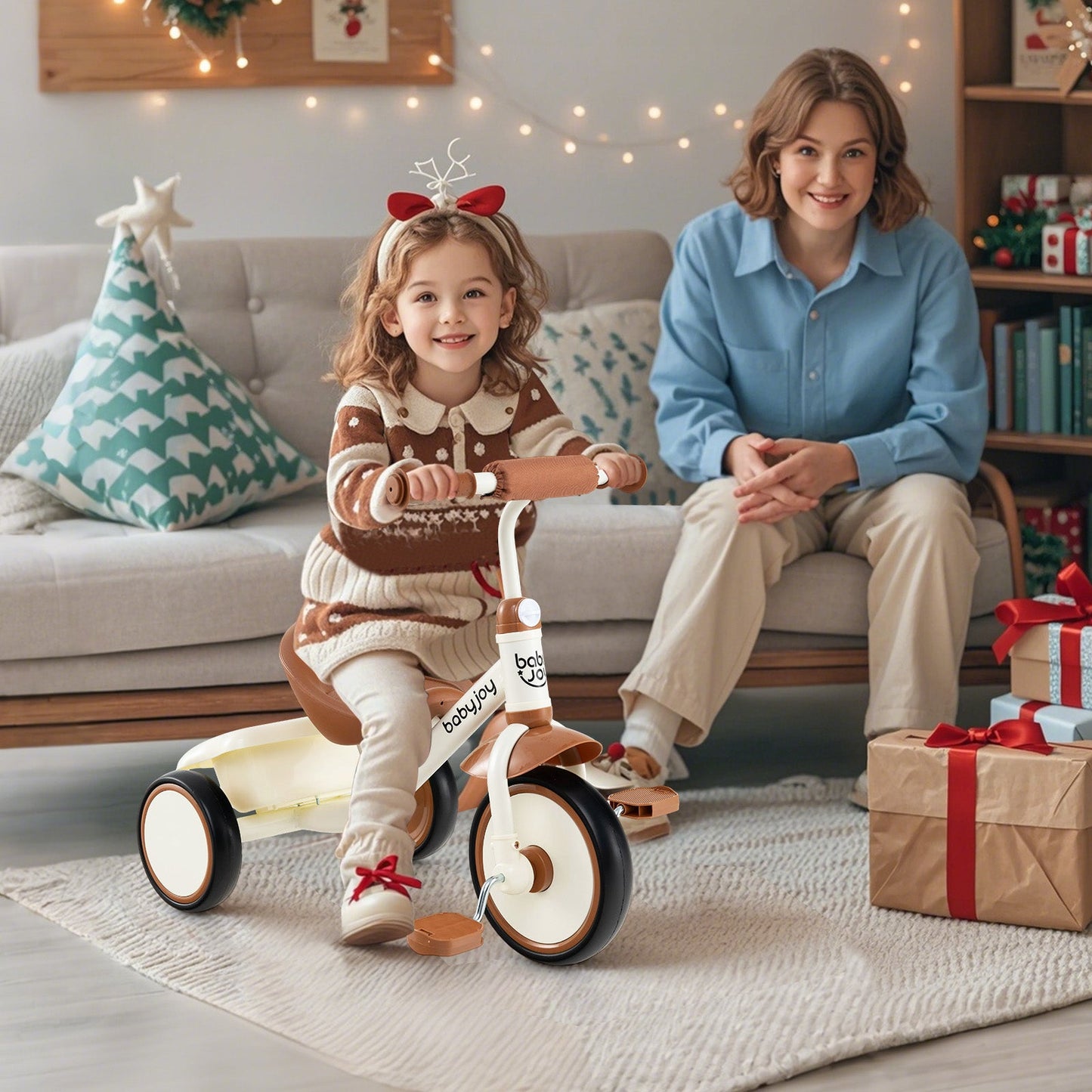 Toddler Tricycle Kids Trike with Adjustable Seat and Basket Aged 3-5 Years Old-Beige