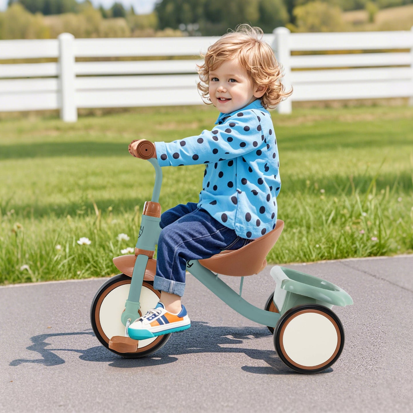 Toddler Tricycle Kids Trike with Adjustable Seat and Basket Aged 3-5 Years Old-Green