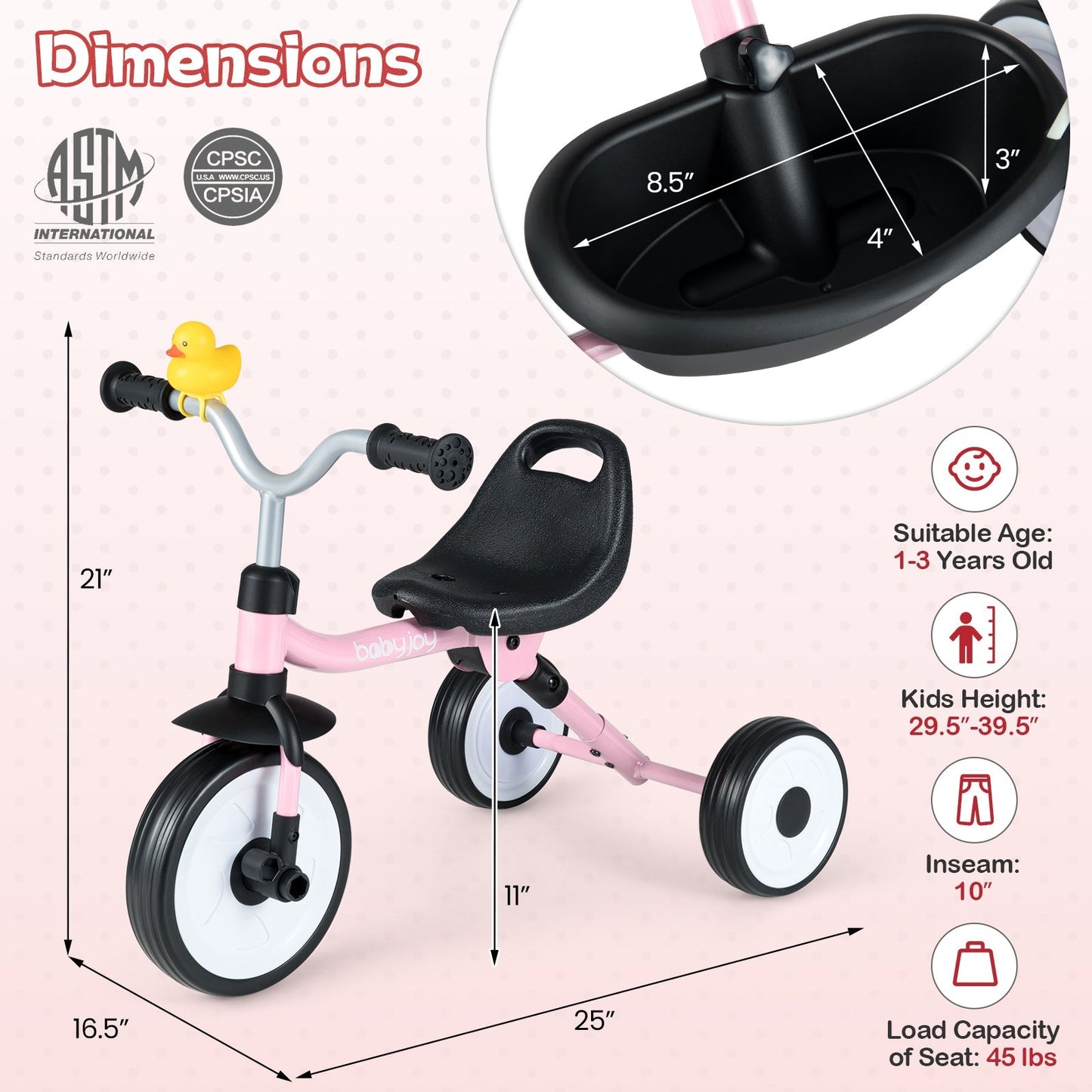 Toddler Tricycle with 3-Position Seat and Storage Basket for Kids