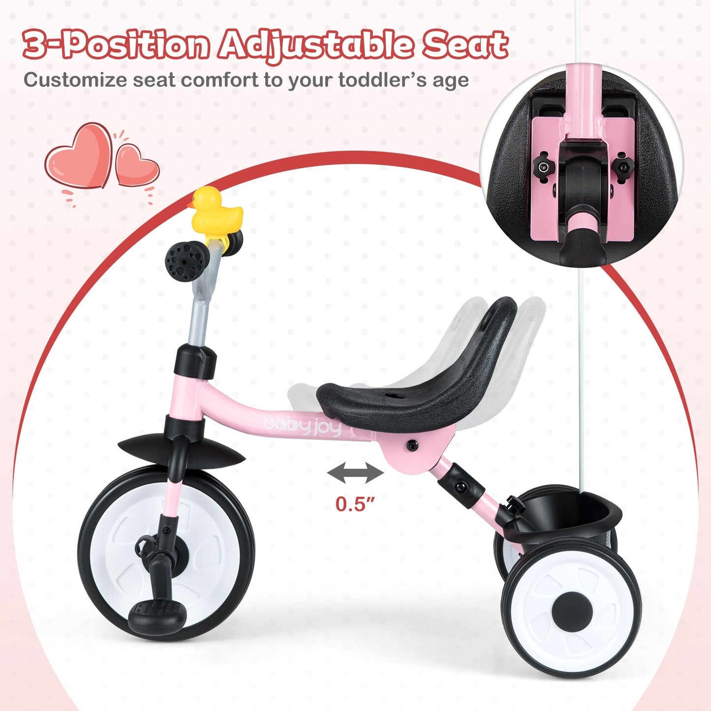 Toddler Tricycle with 3-Position Seat and Storage Basket for Kids