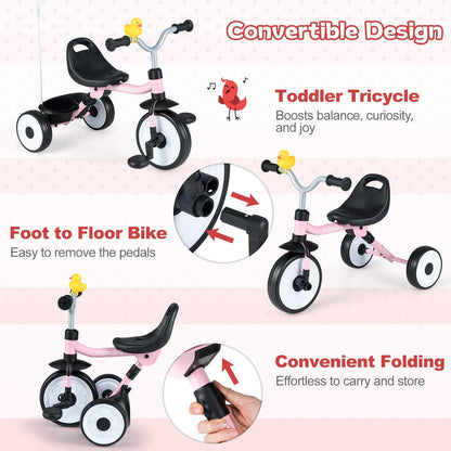 Toddler Tricycle with 3-Position Seat and Storage Basket for Kids
