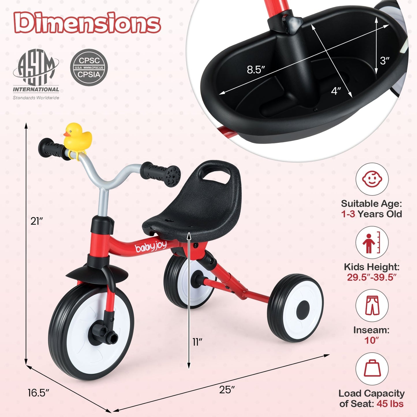 Toddler Tricycle with 3-Position Seat and Storage Basket for Kids