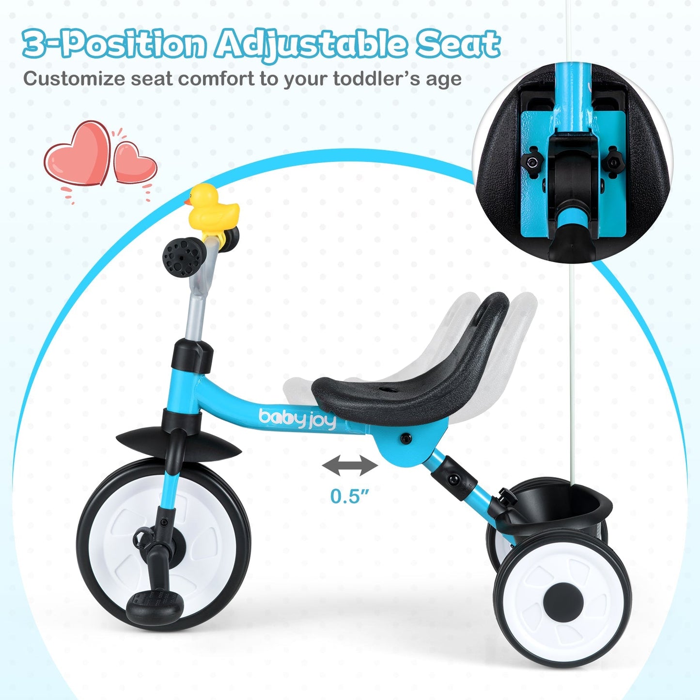 Toddler Tricycle with 3-Position Seat and Storage Basket for Kids