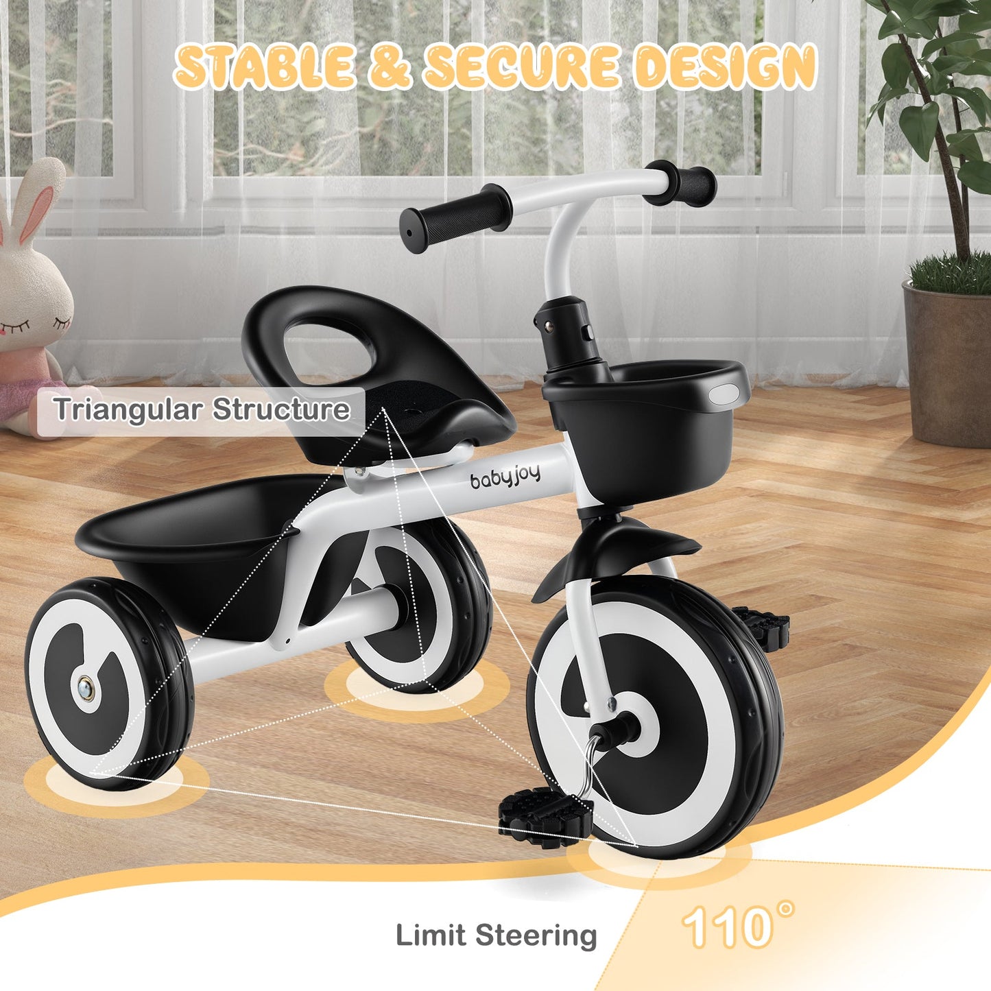 Toddler Tricycle with Adjustable Seat and Storage Baskets for 1.5-5 Years Old-White