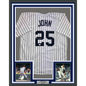 Framed Autographed/Signed Tommy John 35x39 New York Pinstripe Baseball Jersey Beckett BAS COA