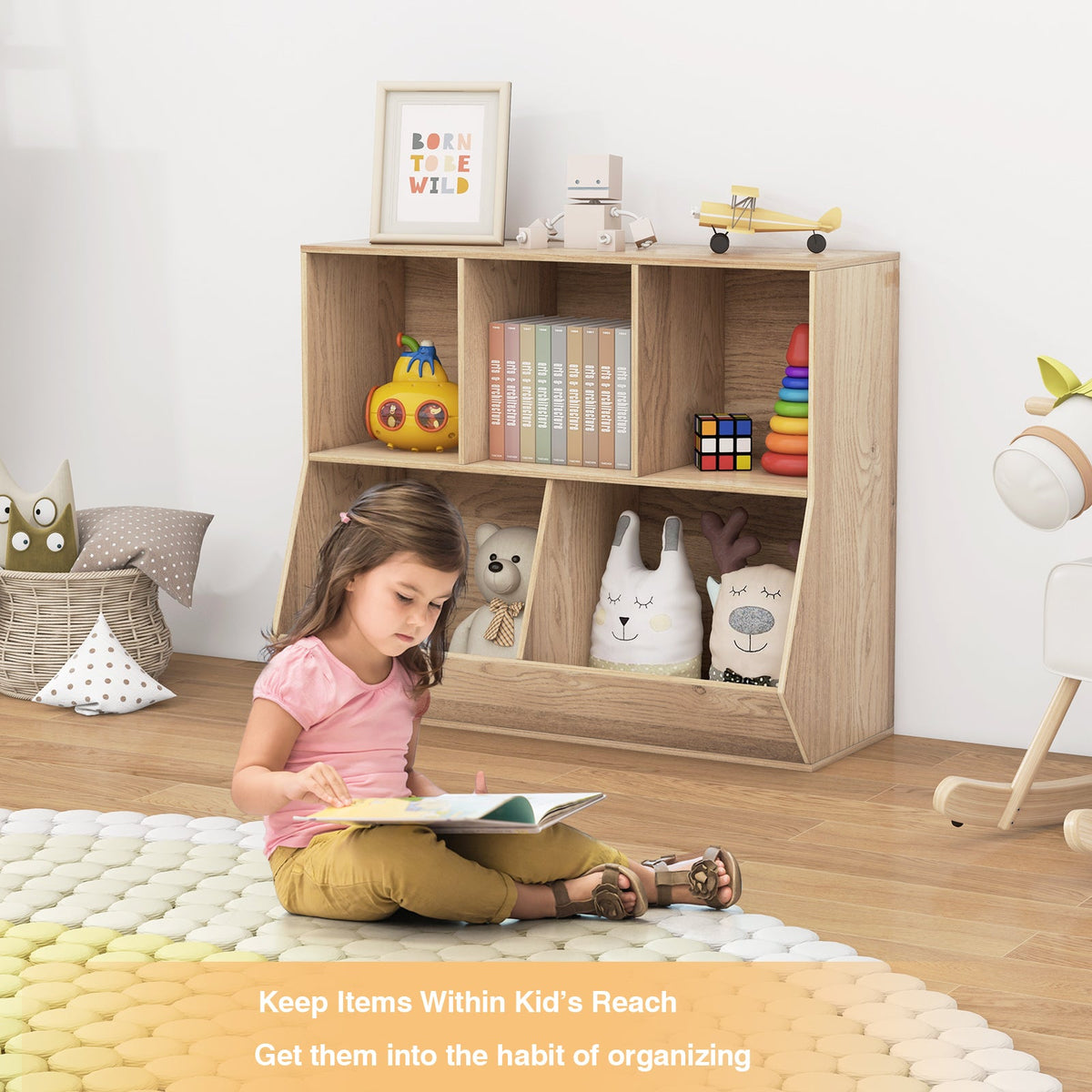5-Cube Wooden Kids Toy Storage Organizer with Anti-Tipping Kits-Natural