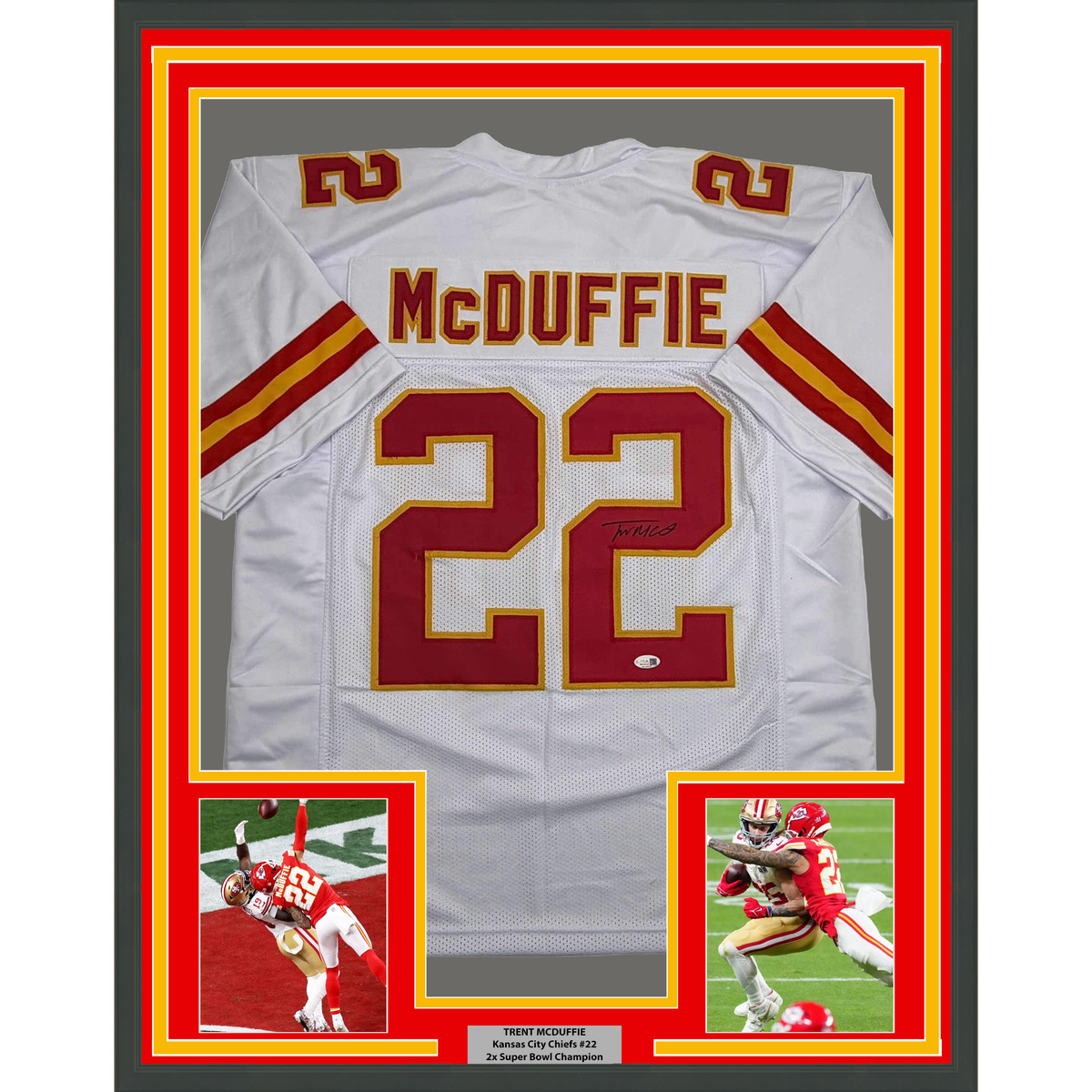Framed Autographed/Signed Trent McDuffie 35x39 Kansas City White Football Jersey JSA COA