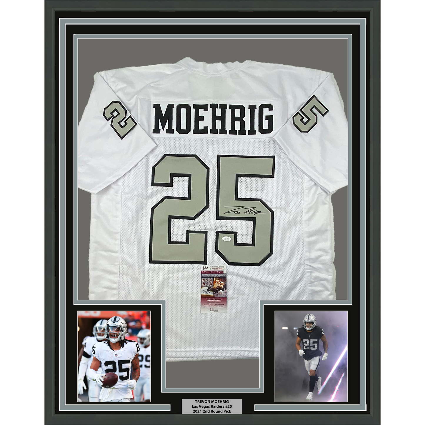 Framed Autographed/Signed Trevon Moehrig 35x39 Las Vegas Oakland White Color Rush Football Jersey JSA COA