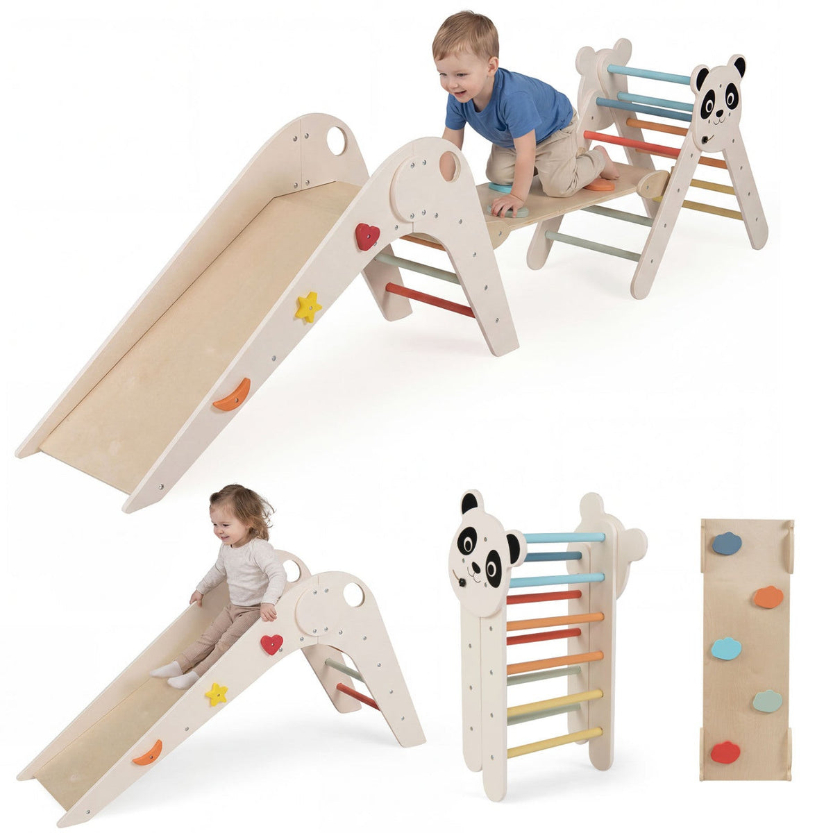 Triangle Set Foldable Kids Climbing Toys Panda-Themed Wood Montessori Climbing Set