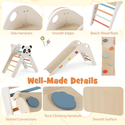 Triangle Set Foldable Kids Climbing Toys Panda-Themed Wood Montessori Climbing Set