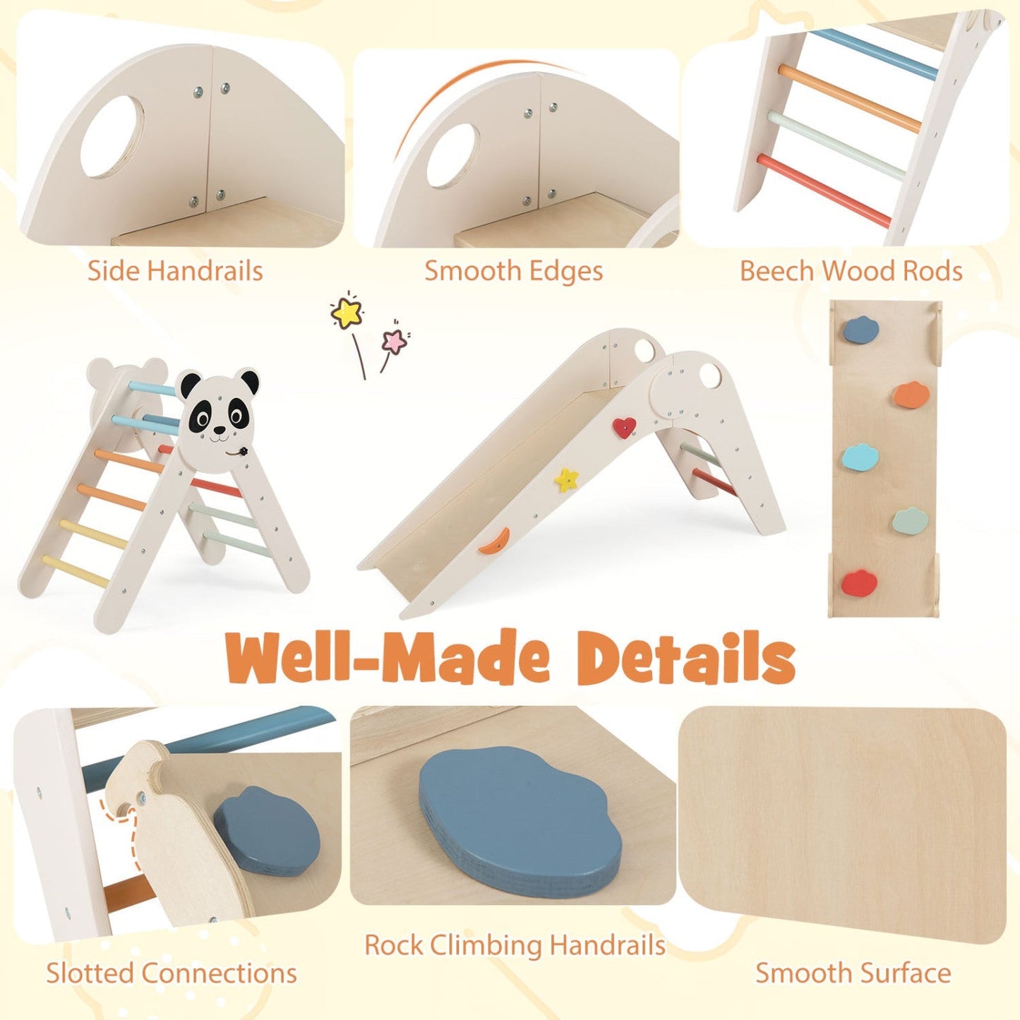 Triangle Set Foldable Kids Climbing Toys Panda-Themed Wood Montessori Climbing Set