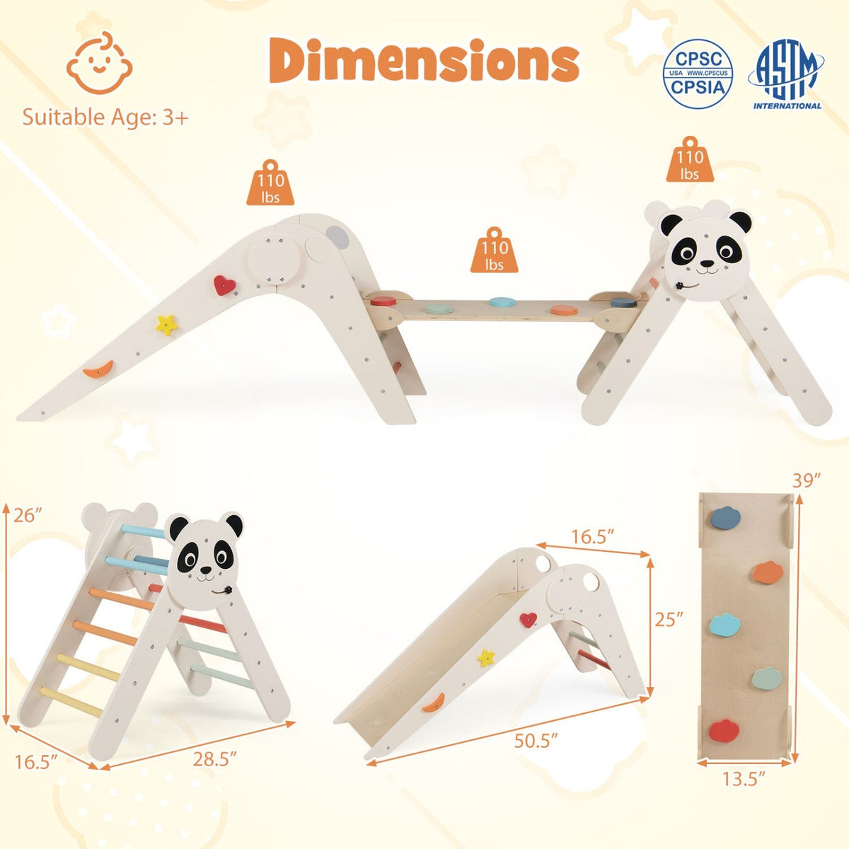 Triangle Set Foldable Kids Climbing Toys Panda-Themed Wood Montessori Climbing Set