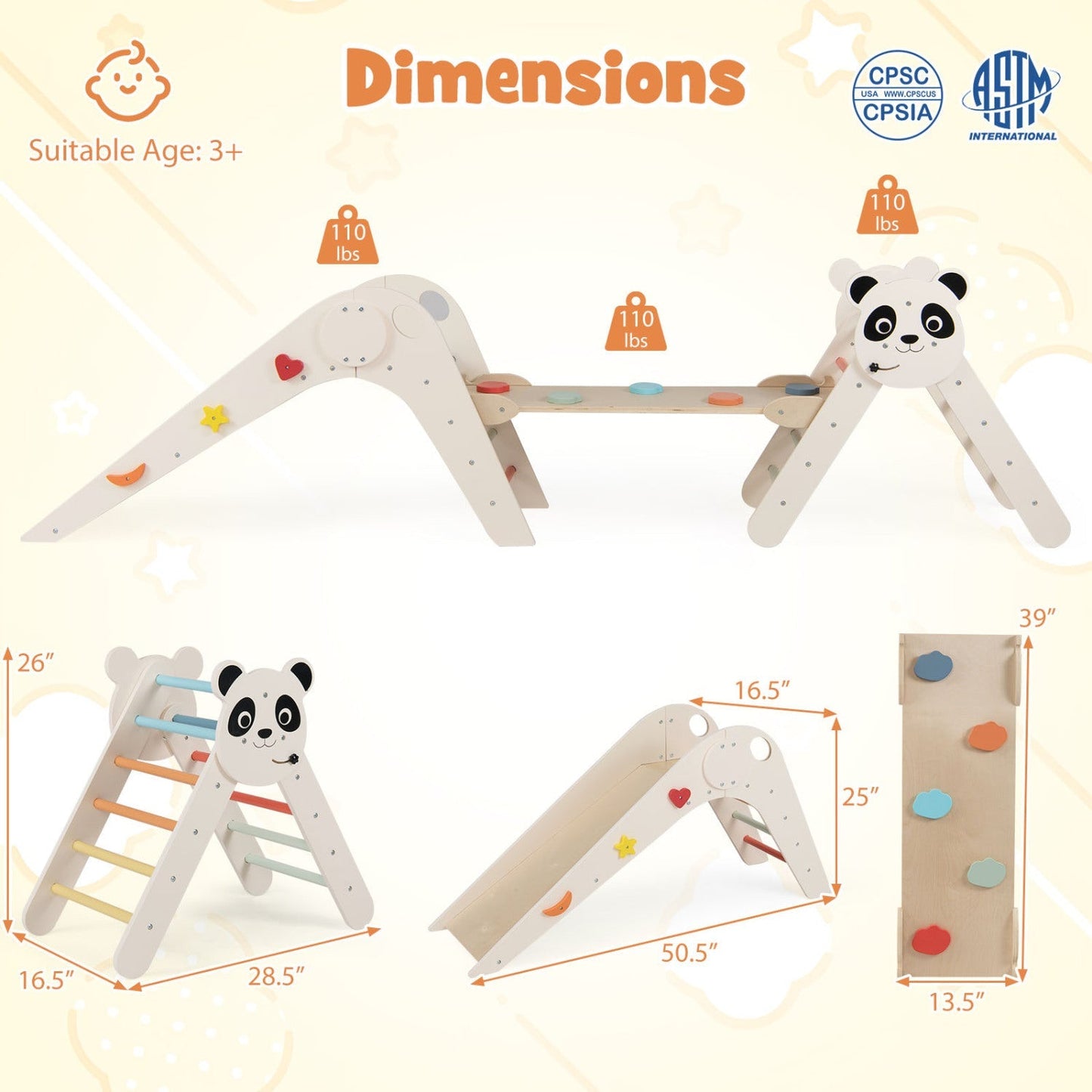 Triangle Set Foldable Kids Climbing Toys Panda-Themed Wood Montessori Climbing Set