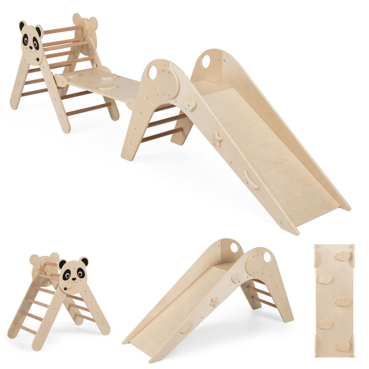 Triangle Set Foldable Kids Climbing Toys Panda-Themed Wood Montessori Climbing Set