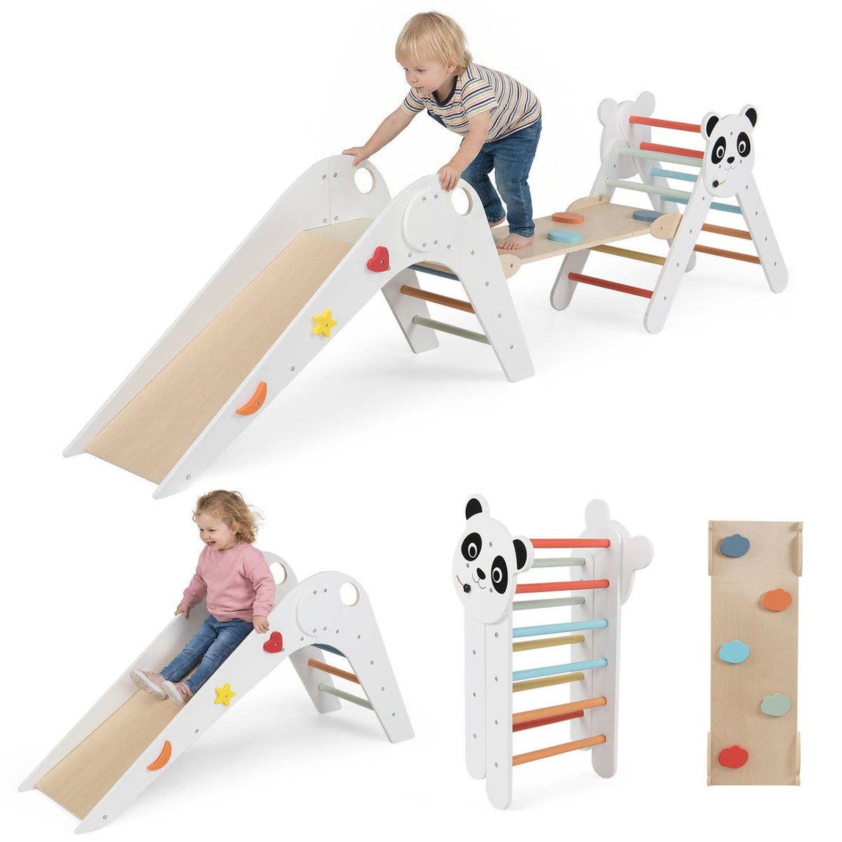 Triangle Set Foldable Kids Climbing Toys Panda-Themed Wood Montessori Climbing Set