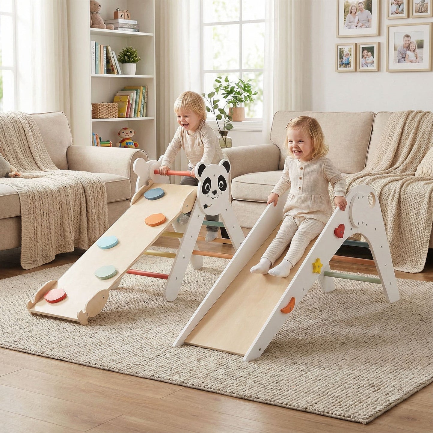 Triangle Set Foldable Kids Climbing Toys Panda-Themed Wood Montessori Climbing Set