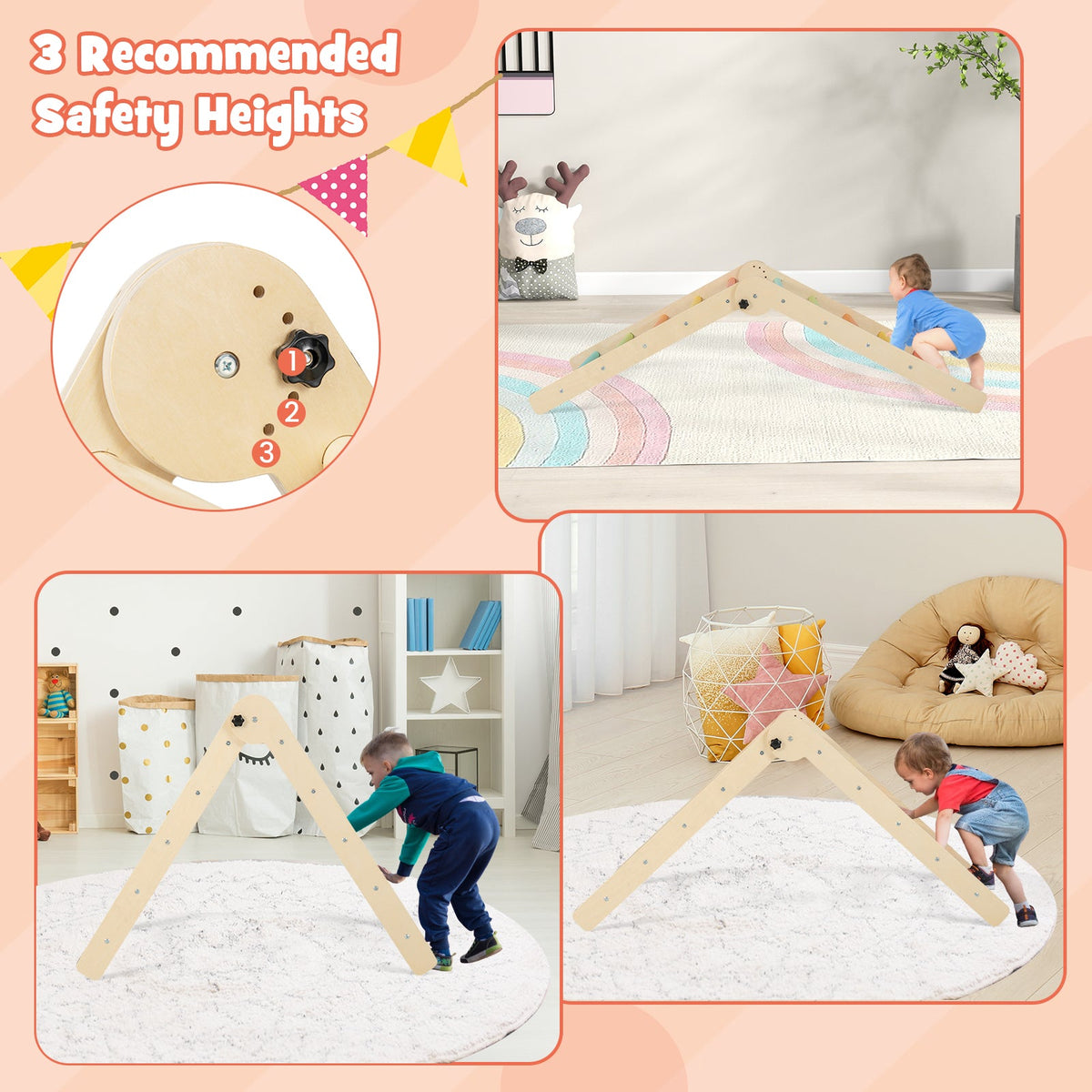 3-in-1 Climbing Set Foldable and Adjustable Kids Triangle Set-Multicolor