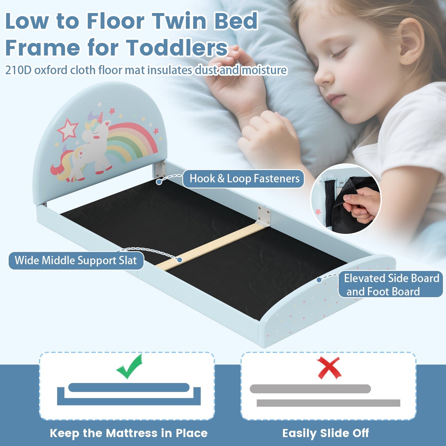 Twin Floor Bed Frame Upholstered Twin Size Kids Floor Bed with 210D Oxford Cloth Floor Mat