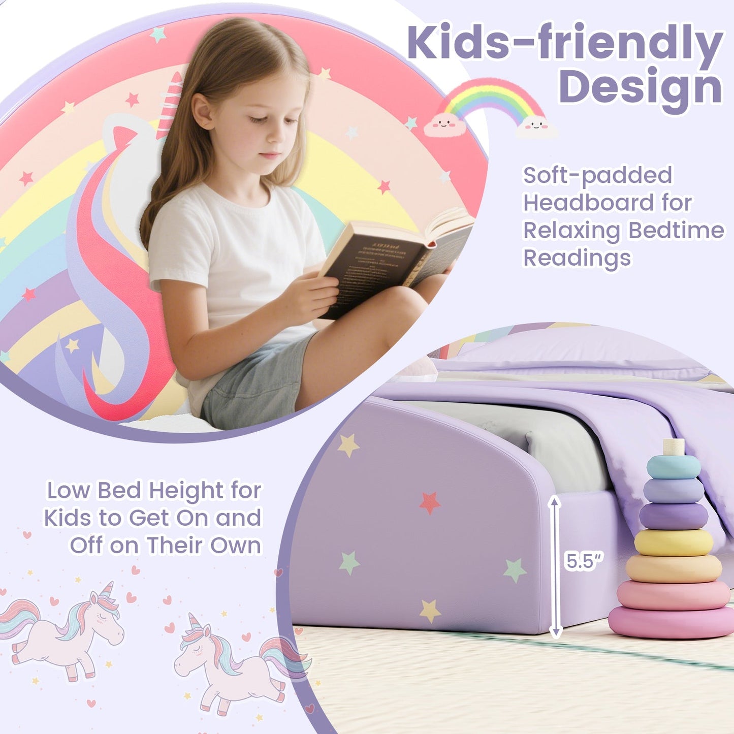 Twin Floor Bed Frame Upholstered Twin Size Kids Floor Bed with 210D Oxford Cloth Floor Mat