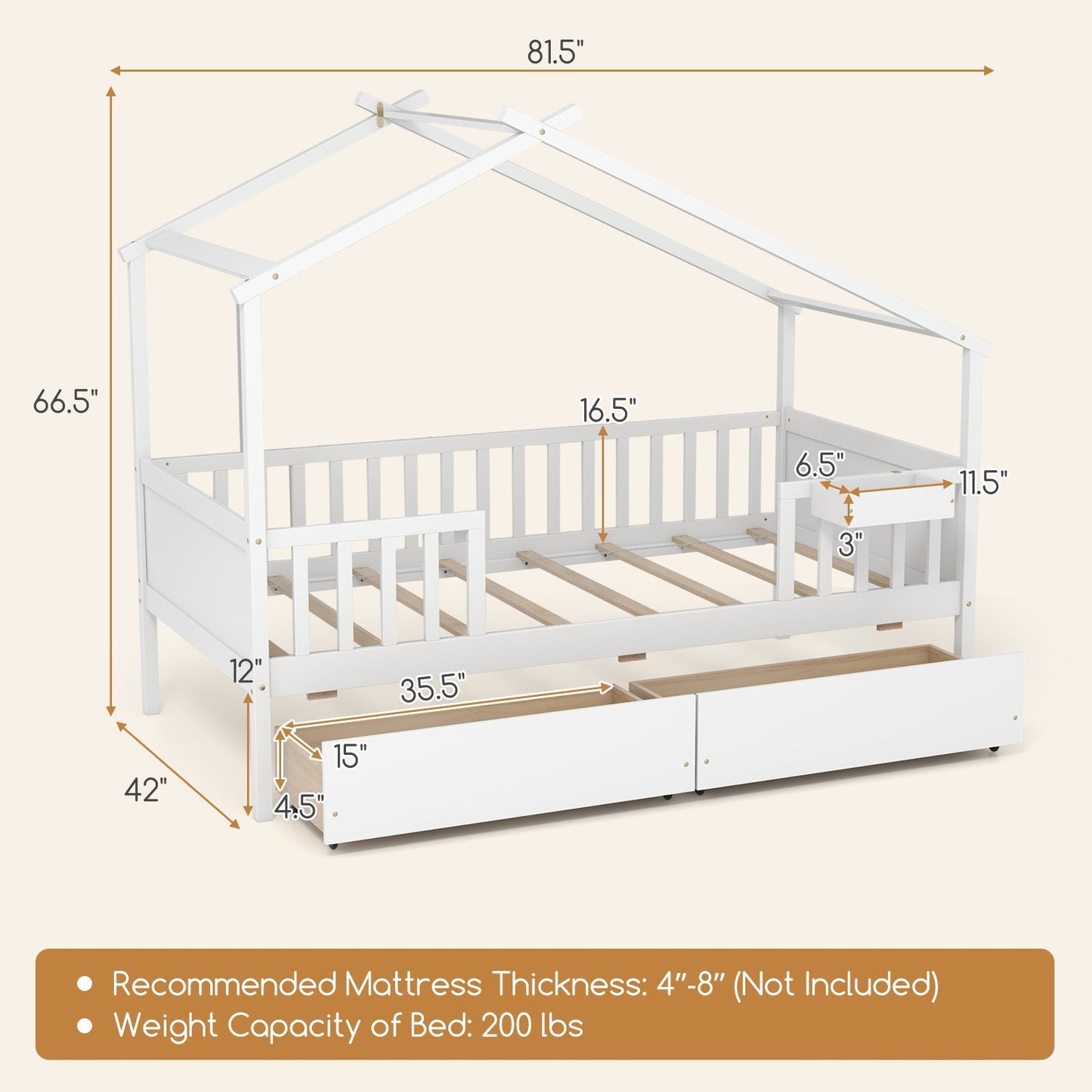 Twin House Bed with 2 Storage Drawers and Roof & Fence Rails