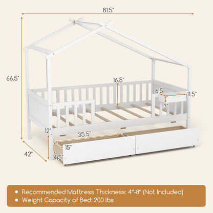Twin House Bed with 2 Storage Drawers and Roof & Fence Rails