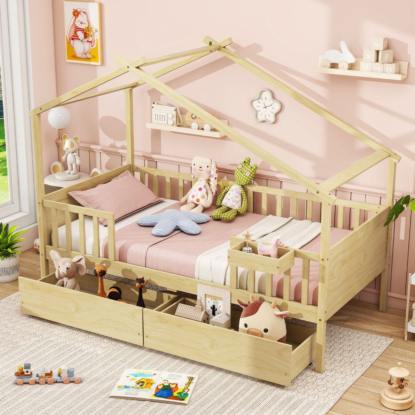 Twin House Bed with 2 Storage Drawers and Roof & Fence Rails
