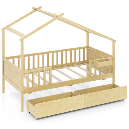 Twin House Bed with 2 Storage Drawers and Roof & Fence Rails