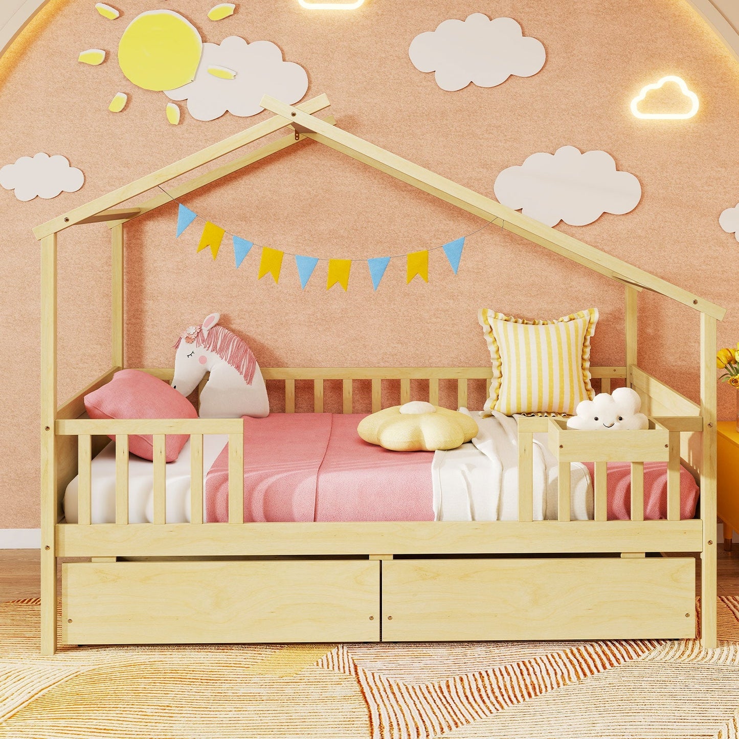 Twin House Bed with 2 Storage Drawers and Roof & Fence Rails