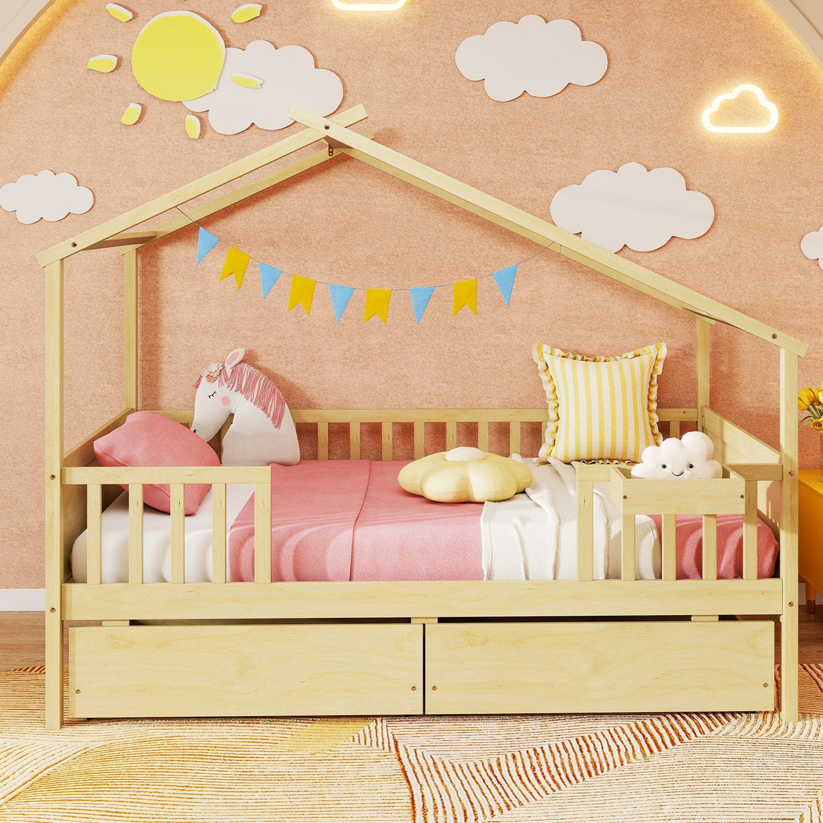 Twin House Bed with 2 Storage Drawers and Roof & Fence Rails
